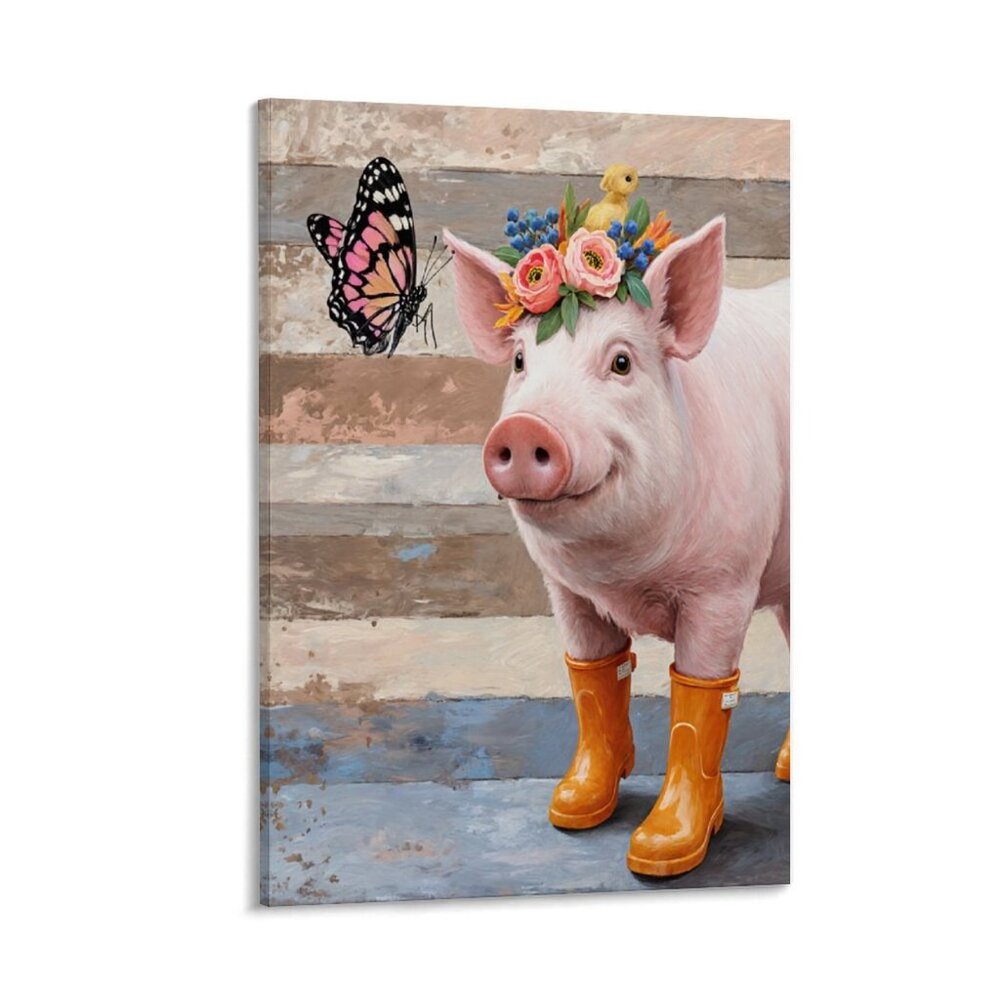 Floral Pig in Boots, Built-in Back Wood Frame, Wall Mural, 36Lx24W